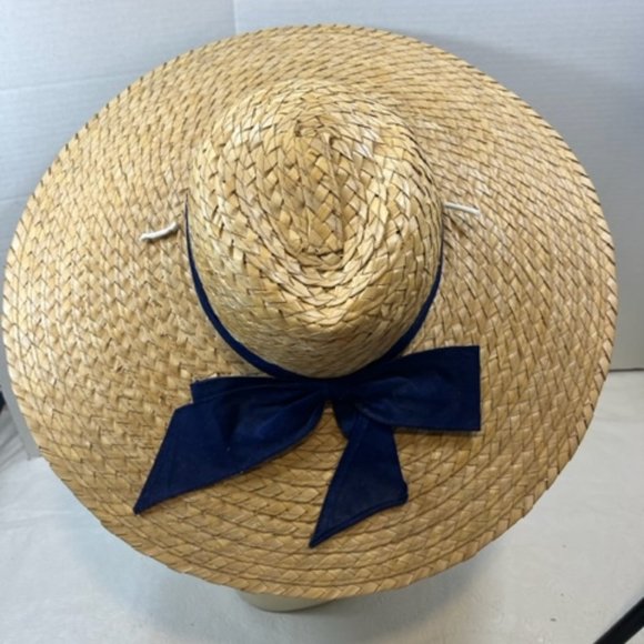 Large Brim Woven Straw Hat w/Navy Blue Bow & White Tie Cord - Picture 3 of 6